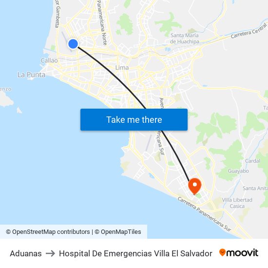 Aduanas to Hospital De Emergencias Villa El Salvador map