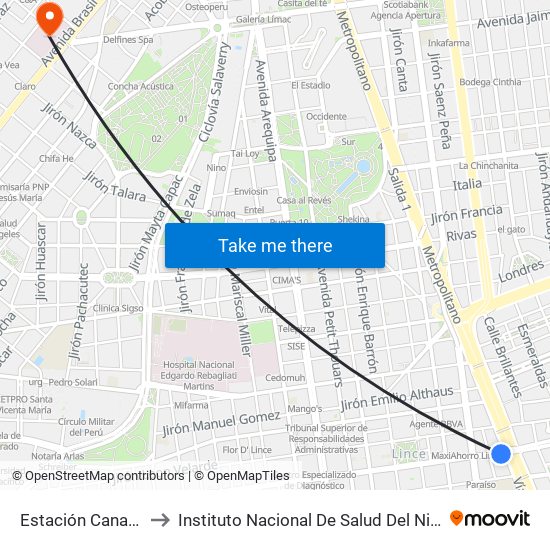 Estación Canadá to Instituto Nacional De Salud Del Niño map