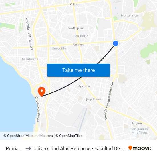 Primavera to Universidad Alas Peruanas - Facultad De Arquitectura map