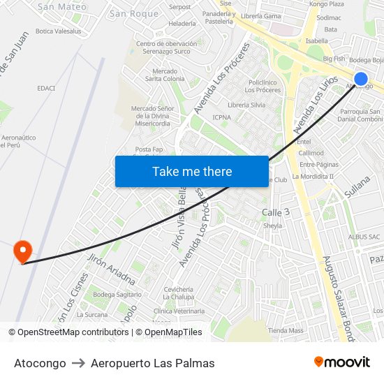 Atocongo to Aeropuerto Las Palmas map