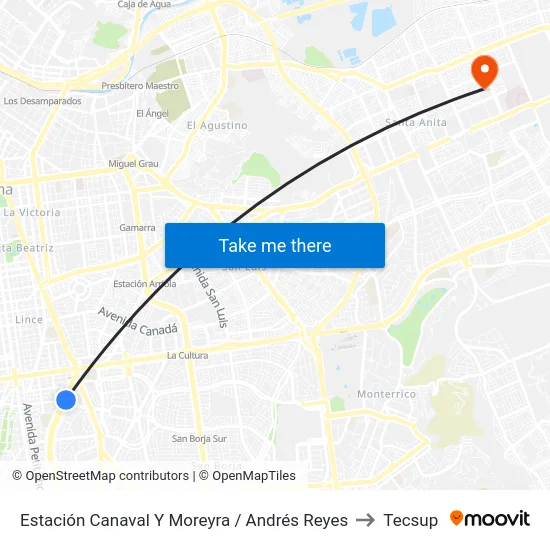 Estación Canaval Y Moreyra / Andrés Reyes to Tecsup map