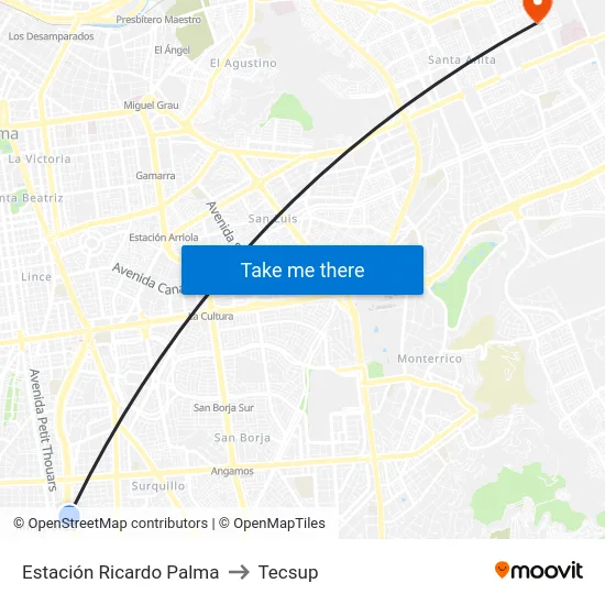 Estación Ricardo Palma to Tecsup map