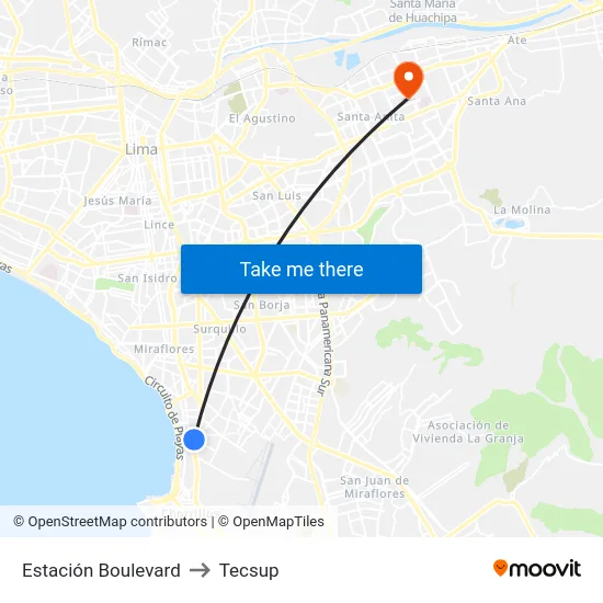 Estación Boulevard to Tecsup map