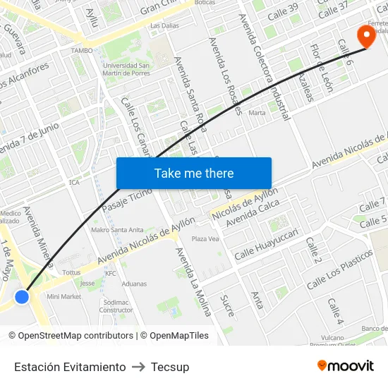 Estación Evitamiento to Tecsup map