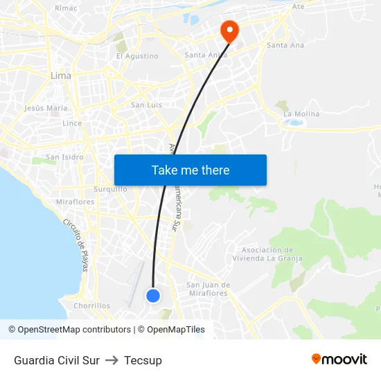 Guardia Civil Sur to Tecsup map