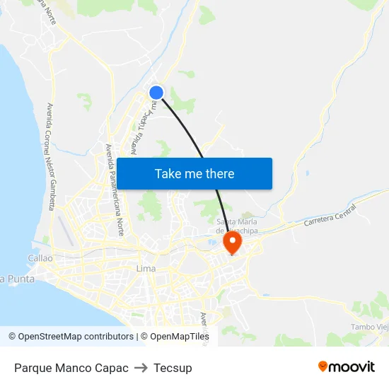 Parque Manco Capac to Tecsup map