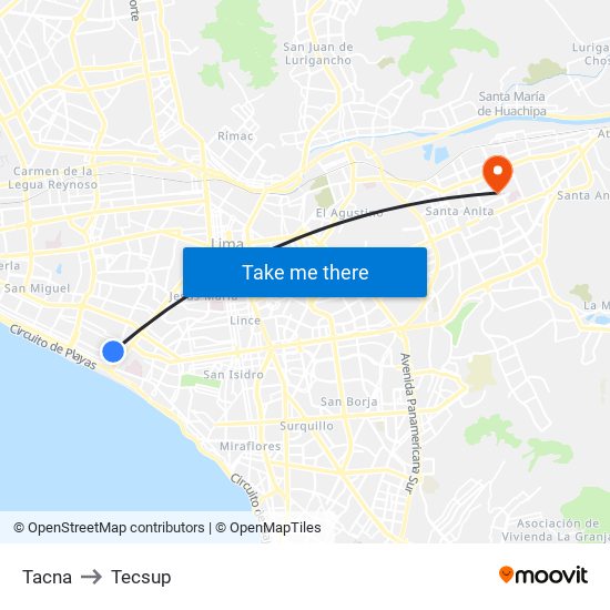 Tacna to Tecsup map