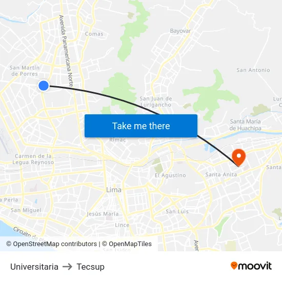 Universitaria to Tecsup map