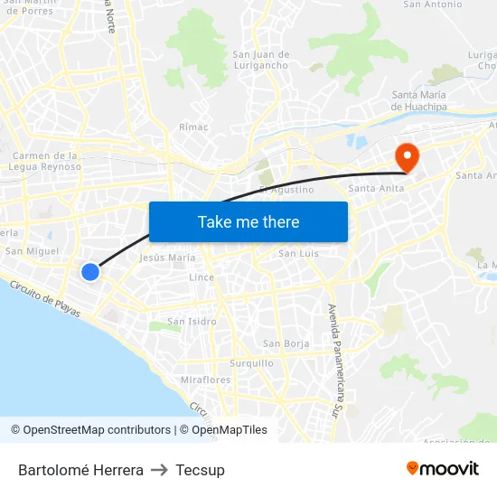 Bartolomé Herrera to Tecsup map