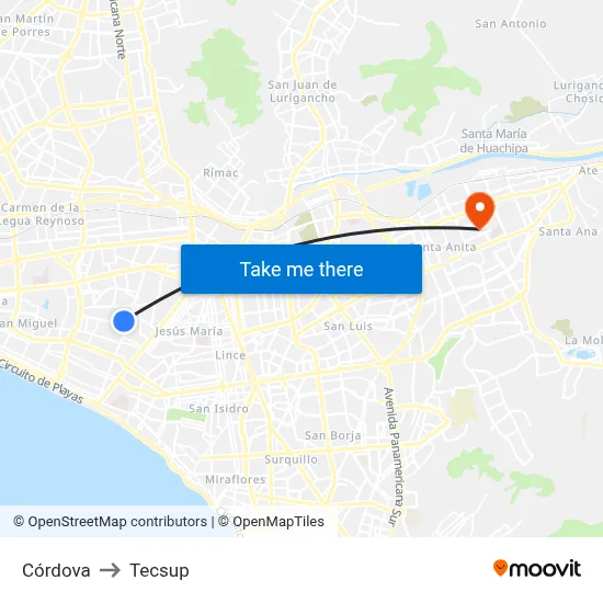 Córdova to Tecsup map