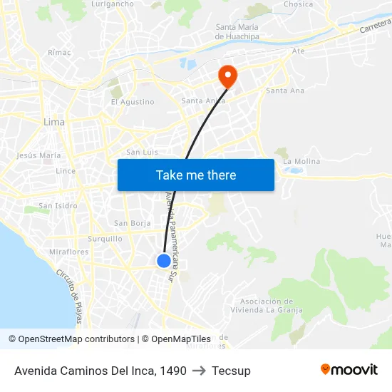 Avenida Caminos Del Inca, 1490 to Tecsup map