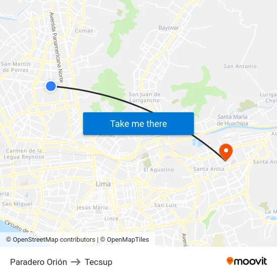 Paradero Orión to Tecsup map