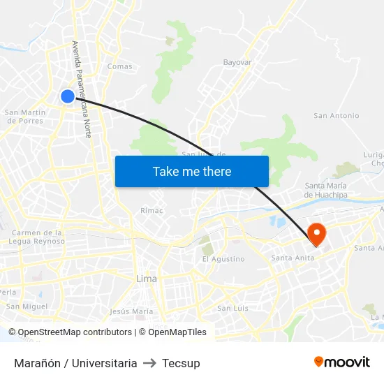 Marañón / Universitaria to Tecsup map