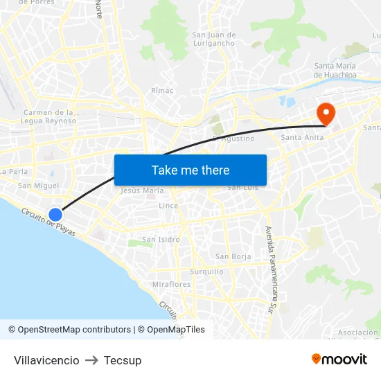 Villavicencio to Tecsup map