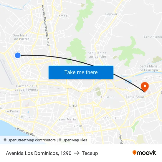 Avenida Los Dominicos, 1290 to Tecsup map