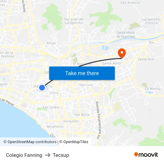 Colegio Fanning to Tecsup map