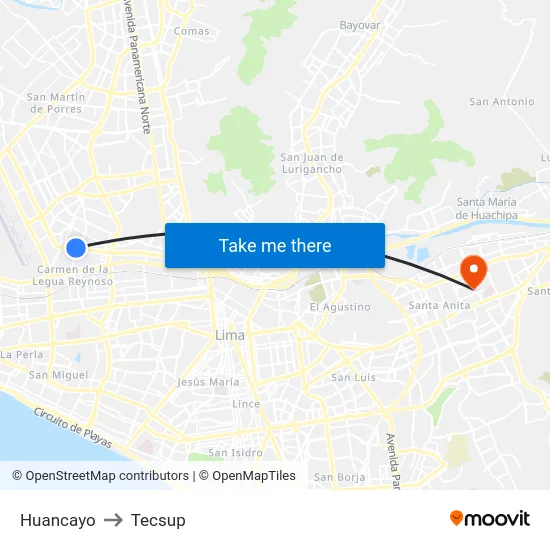 Huancayo to Tecsup map