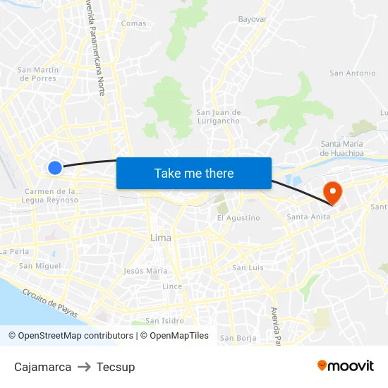 Cajamarca to Tecsup map