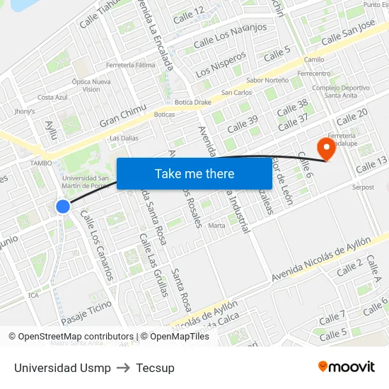 Universidad Usmp to Tecsup map
