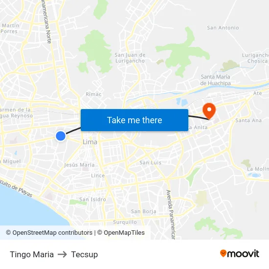 Tingo Maria to Tecsup map