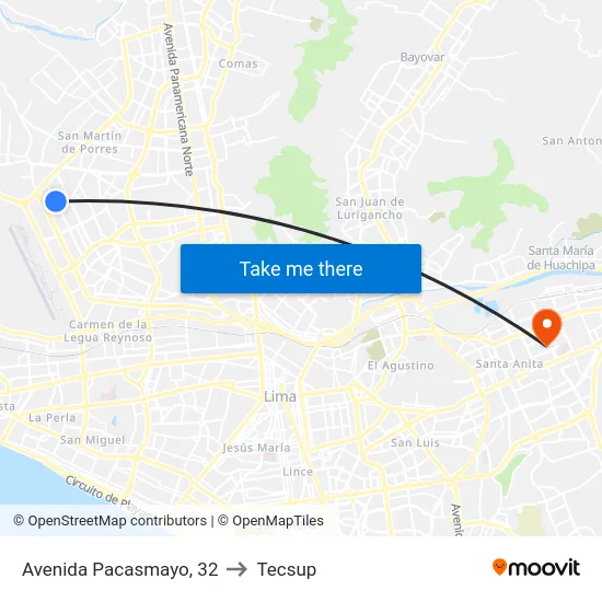 Avenida Pacasmayo, 32 to Tecsup map