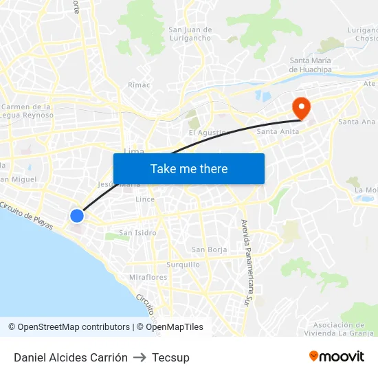 Daniel Alcides Carrión to Tecsup map