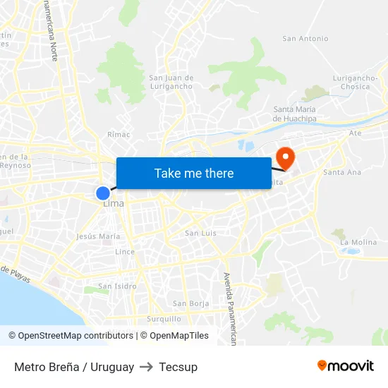 Metro Breña / Uruguay to Tecsup map