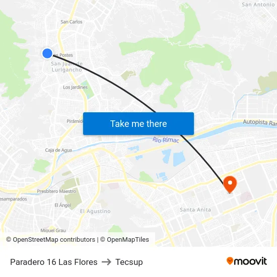 Paradero 16 Las Flores to Tecsup map