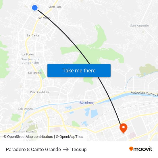 Paradero 8 Canto Grande to Tecsup map