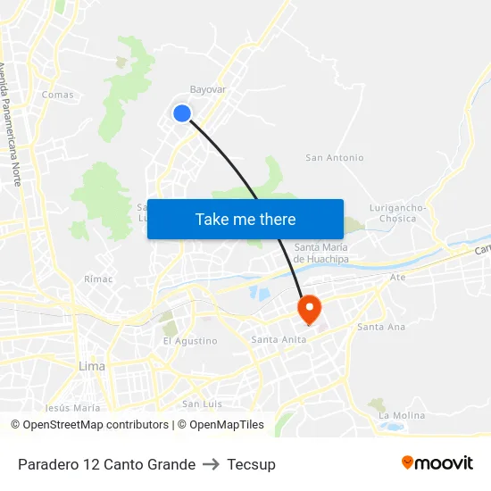 Paradero 12 Canto Grande to Tecsup map