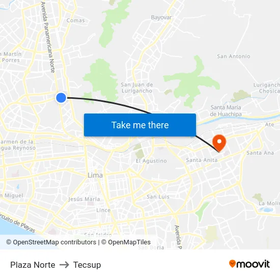 Plaza Norte to Tecsup map
