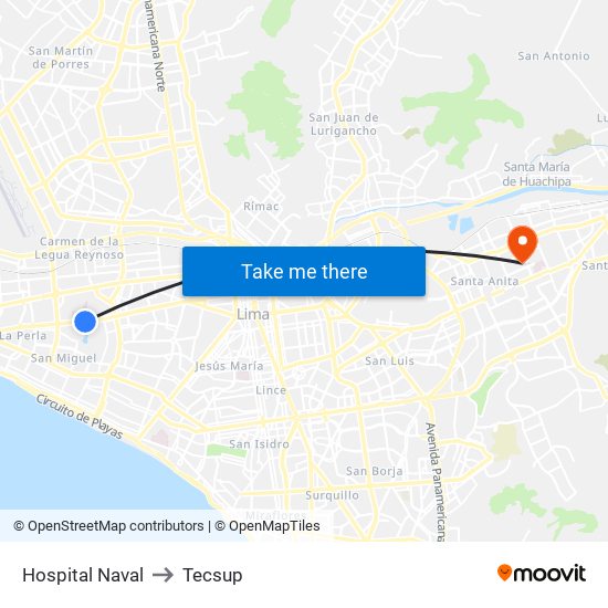 Hospital Naval to Tecsup map