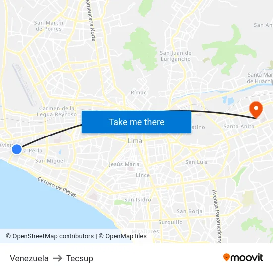 Venezuela to Tecsup map
