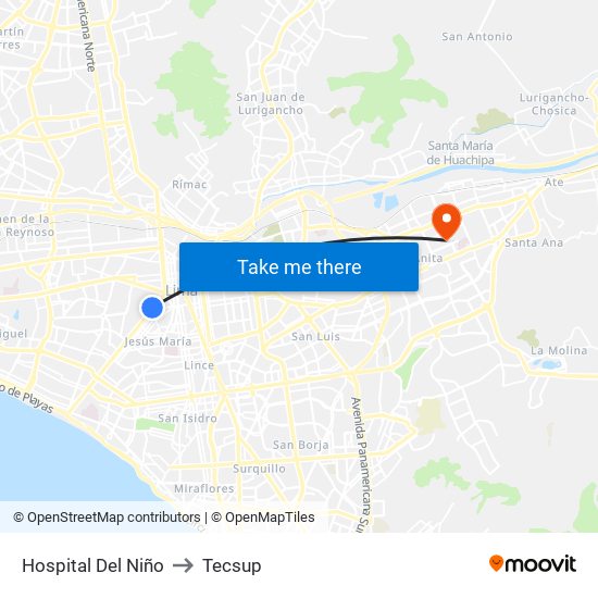 Hospital Del Niño to Tecsup map