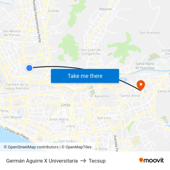 Germán Aguirre X Universitaria to Tecsup map