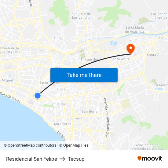 Residencial San Felipe to Tecsup map