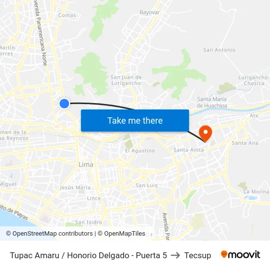 Tupac Amaru / Honorio Delgado - Puerta 5 to Tecsup map