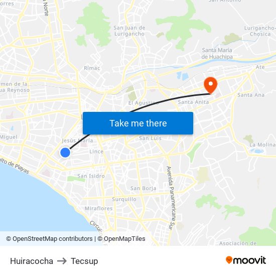 Huiracocha to Tecsup map