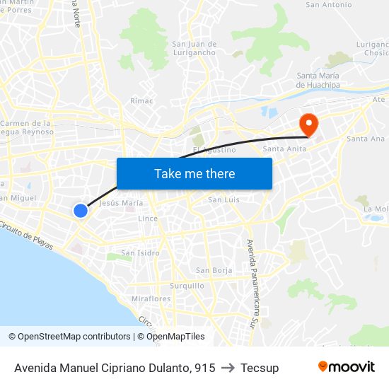 Avenida Manuel Cipriano Dulanto, 915 to Tecsup map