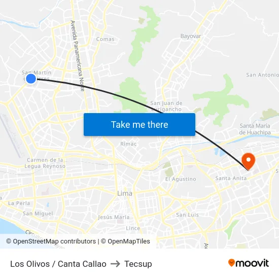 Los Olivos / Canta Callao to Tecsup map