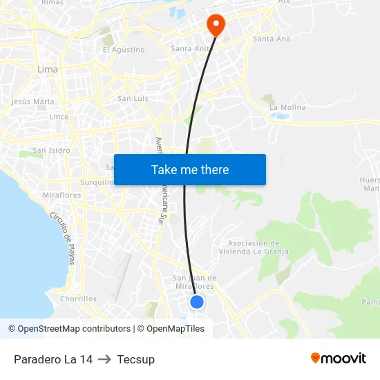 Paradero La 14 to Tecsup map