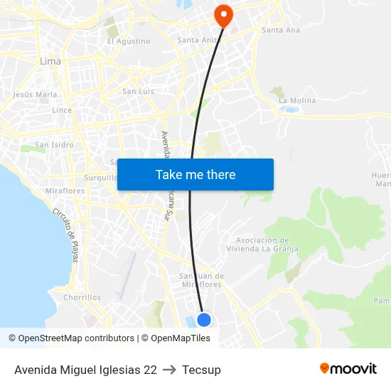 Avenida Miguel Iglesias 22 to Tecsup map