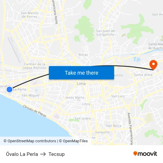 Óvalo La Perla to Tecsup map
