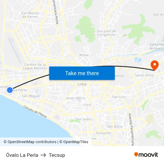 Óvalo La Perla to Tecsup map