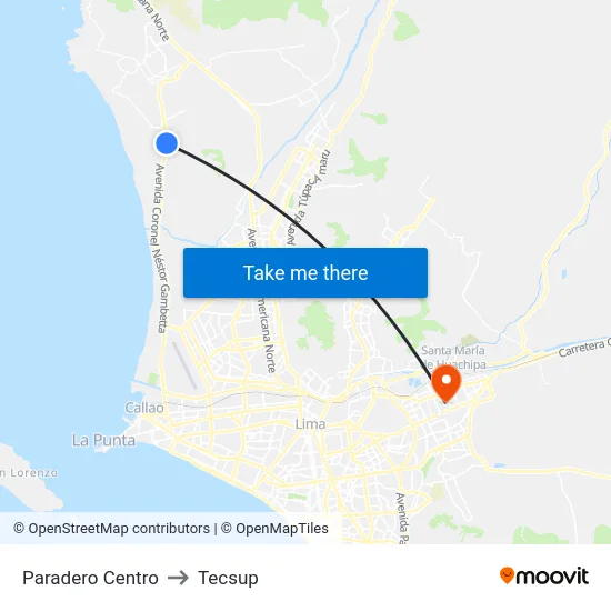 Paradero Centro to Tecsup map
