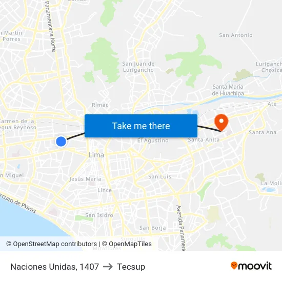 Naciones Unidas, 1407 to Tecsup map