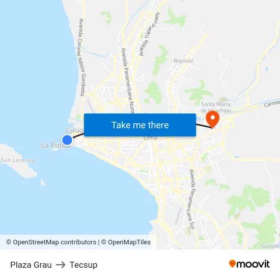 Plaza Grau to Tecsup map