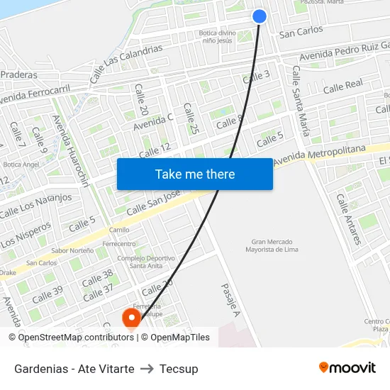 Gardenias - Ate Vitarte to Tecsup map