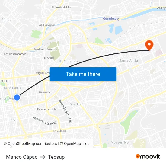 Manco Cápac to Tecsup map