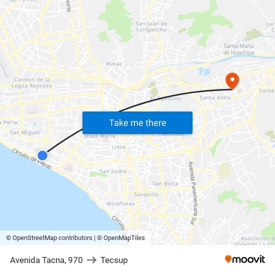 Avenida Tacna, 970 to Tecsup map